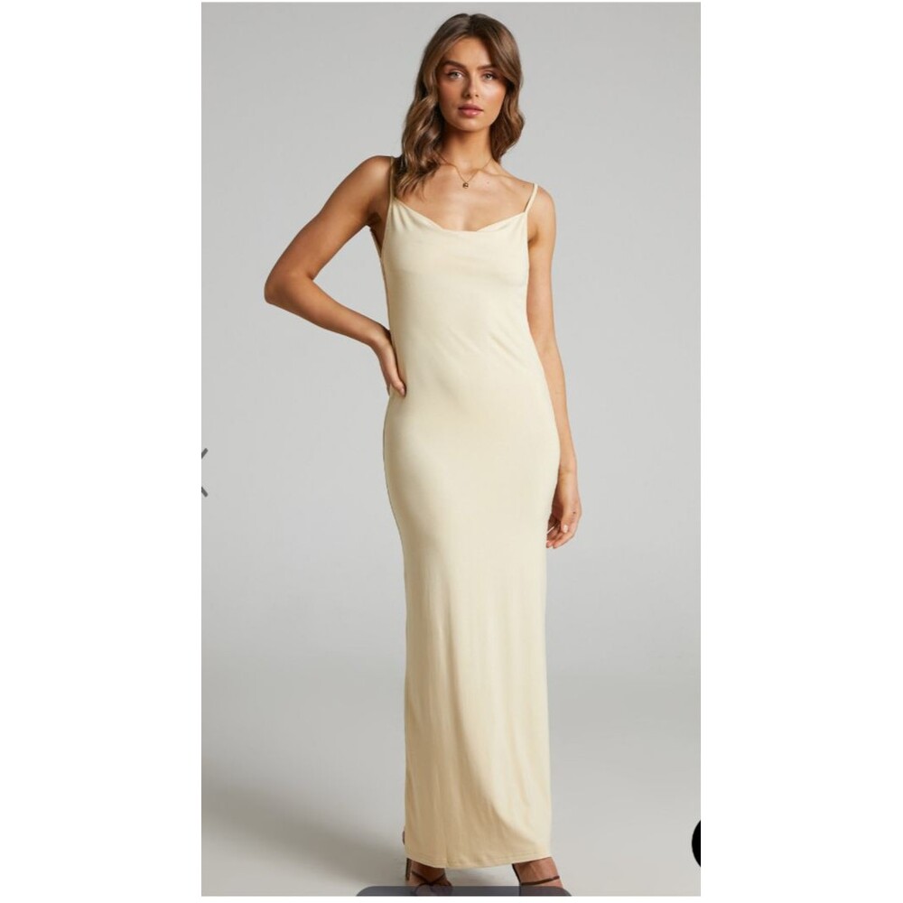 Danielle Bernstein Women's Taupe Long Evening Jersey Open Back Dress Sz S